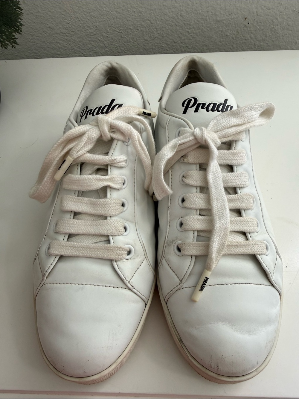 Prada Women Size 6.5 White Leather Platform Lace-Up Sneakers